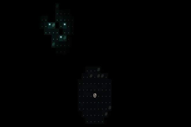 A stoneborn hunter with the torch out. A small patch of floor around them shows in dim grey, and glowing fungus lights a few cells to the north.