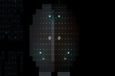 A lit room split by a mirror wall. The player stands on one side and their reflection on the other, with glowing fungus repeated in the glass.