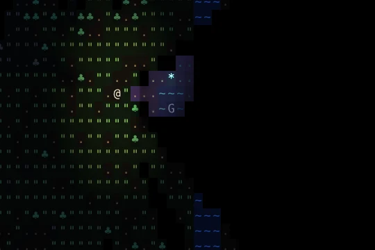 Night in a grassy field. Beside the player, a violet portal shows a patch of river and a stranger far across the map.